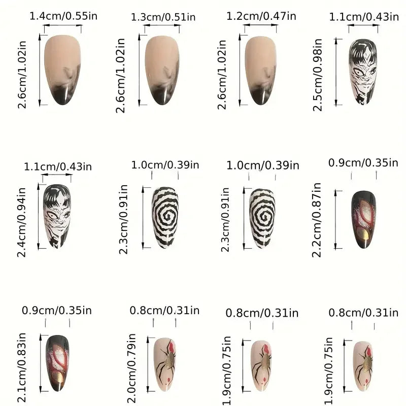 24Pcs Horror Comic Tomie Press on Nails Almond Glossy Black Japanese
