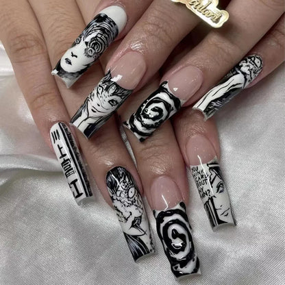 24Pcs Horror Comic Tomie Press on Nails Almond Glossy Black Japanese