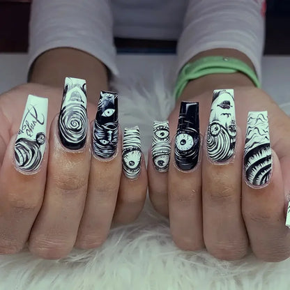 24Pcs Horror Comic Tomie Press on Nails Almond Glossy Black Japanese