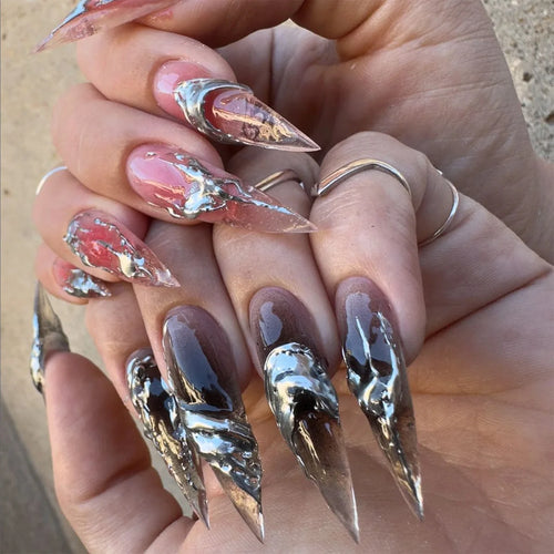 24Pcs Black Y2k Fake Nails with Diamond Halloween Long Almond False