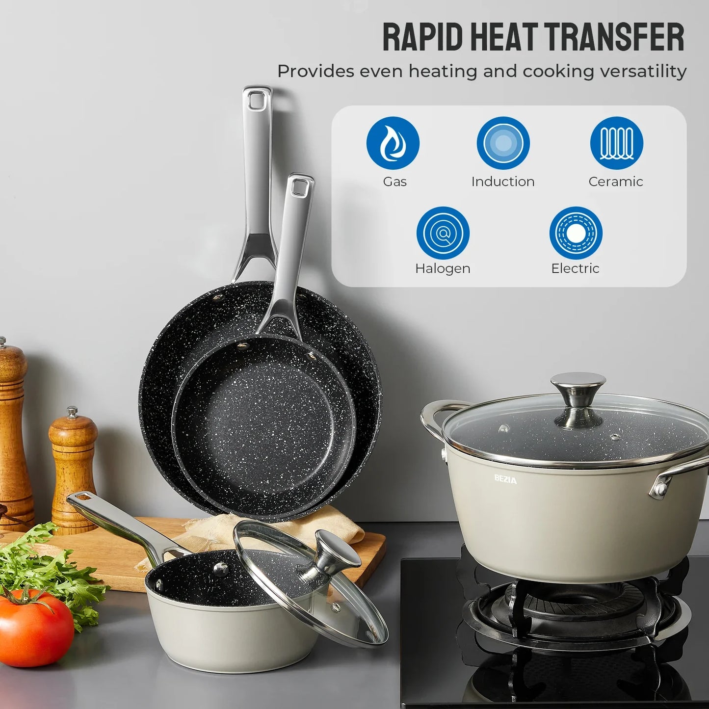 10-Piece, BEZIA Pots and Pans Set for Induction Cooktop