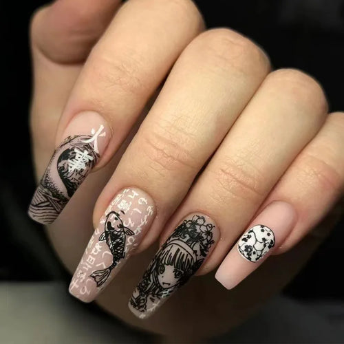 24Pcs Horror Comic Tomie Press on Nails Almond Glossy Black Japanese