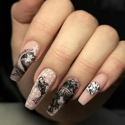 24Pcs Horror Comic Tomie Press on Nails Almond Glossy Black Japanese