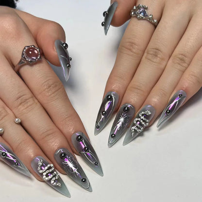 24Pcs Black Y2k Fake Nails with Diamond Halloween Long Almond False