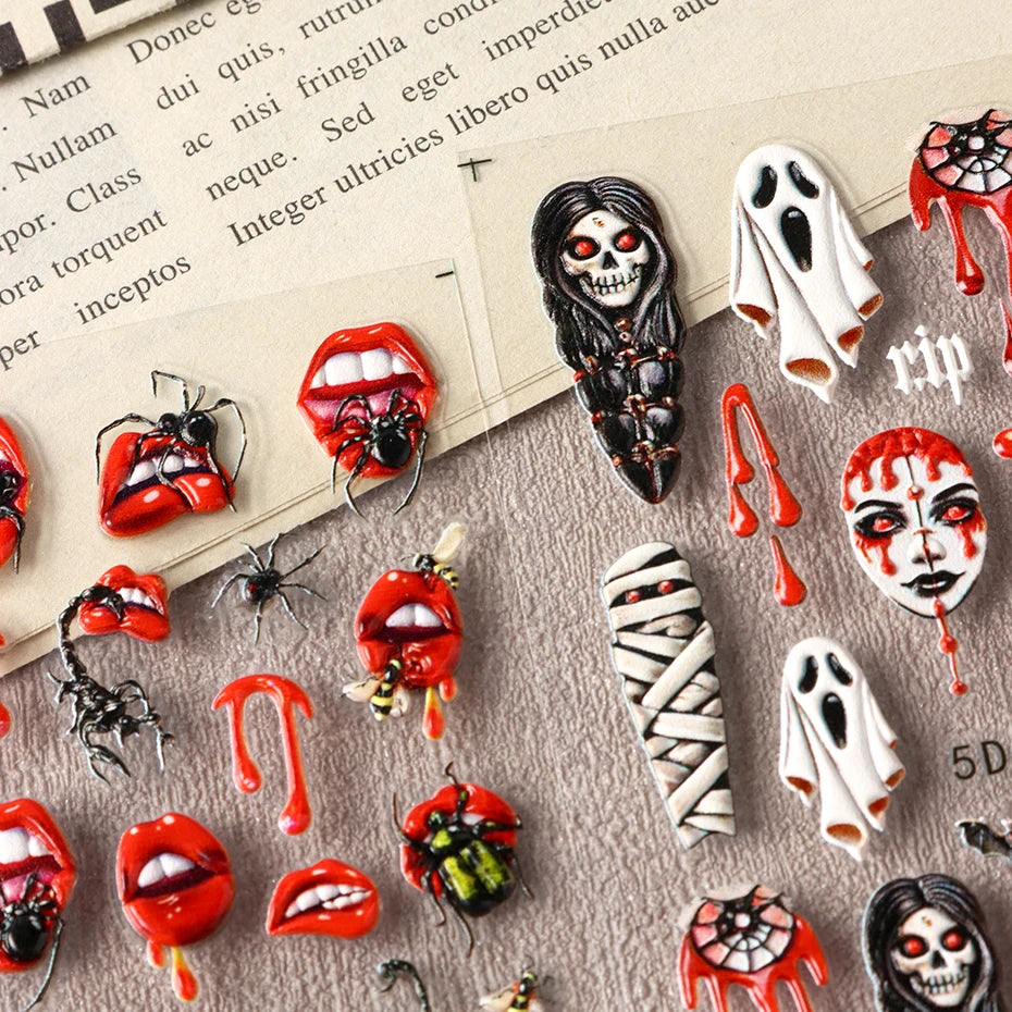 2pcs Halloween Ghost Mummy Blood Nail Stickers Pumpkin Spider Web Lips