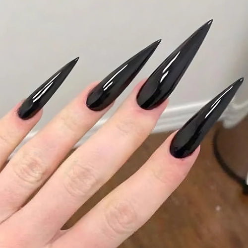 24Pcs Black Y2k Fake Nails with Diamond Halloween Long Almond False