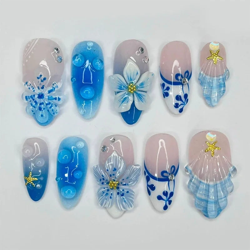 3D Flower French Tip Pink Almond Press On Nails – Handmade Pearl Bead Set | sNails Nails