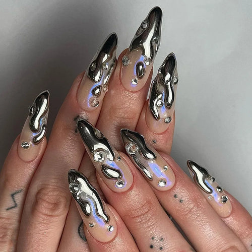 24Pcs Black Y2k Fake Nails with Diamond Halloween Long Almond False