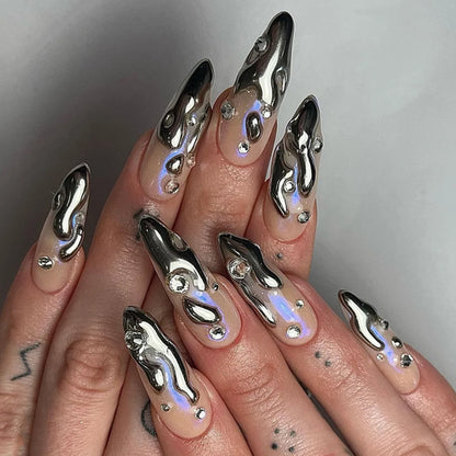 24Pcs Black Y2k Fake Nails with Diamond Halloween Long Almond False