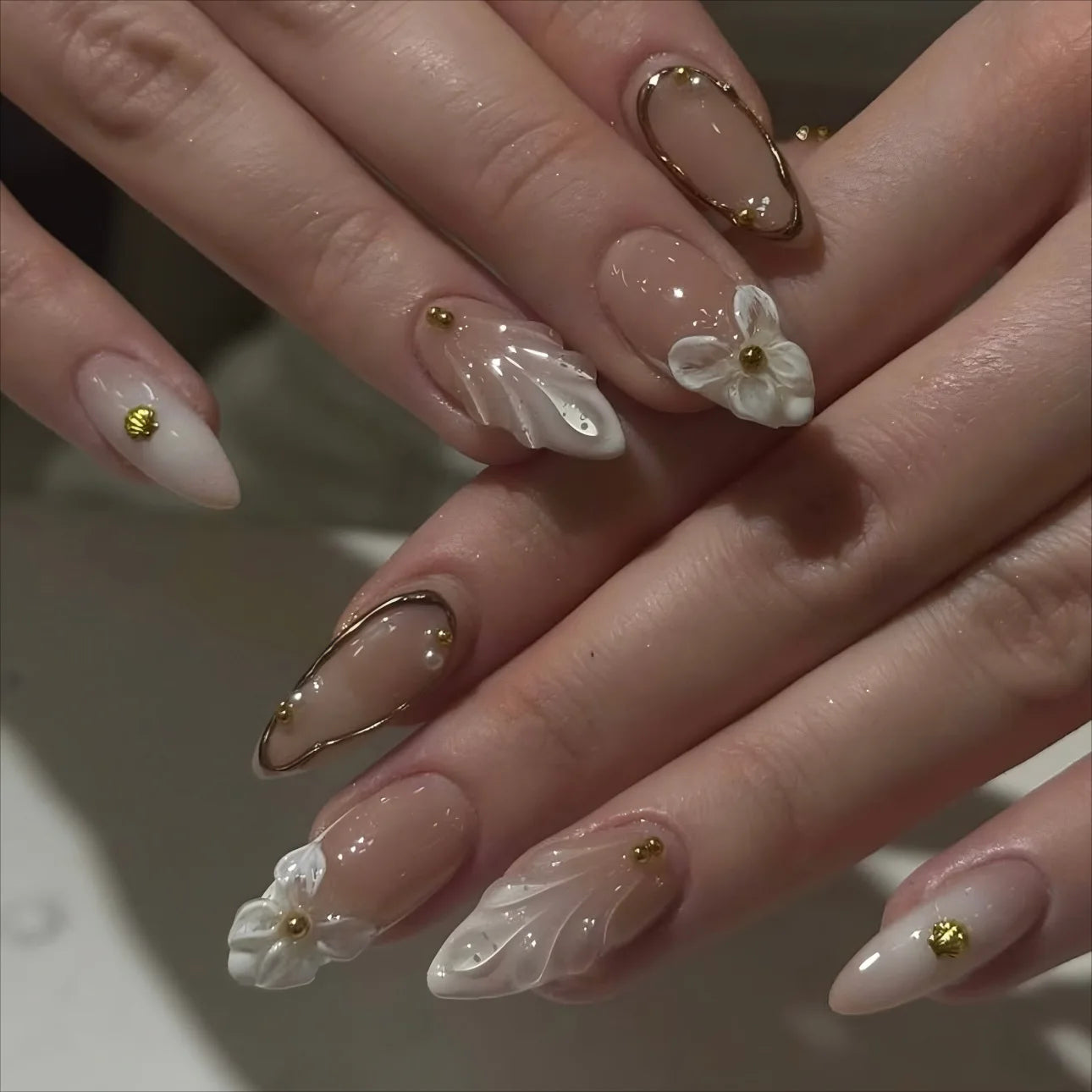 3D Flower French Tip Pink Almond Press On Nails – Handmade Pearl Bead Set | sNails Nails