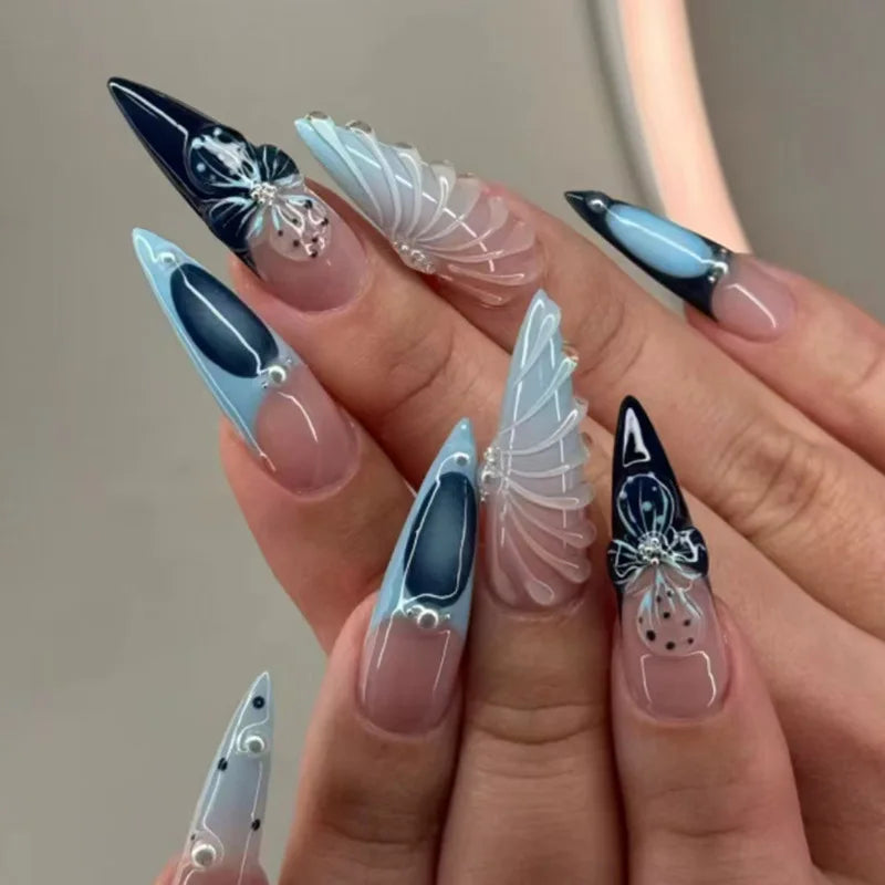 24Pcs Black Y2k Fake Nails with Diamond Halloween Long Almond False