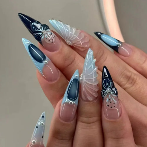 24Pcs Black Y2k Fake Nails with Diamond Halloween Long Almond False