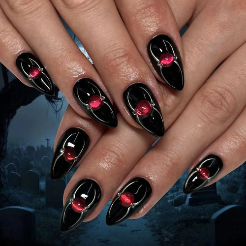 24Pcs Horror Comic Tomie Press on Nails Almond Glossy Black Japanese