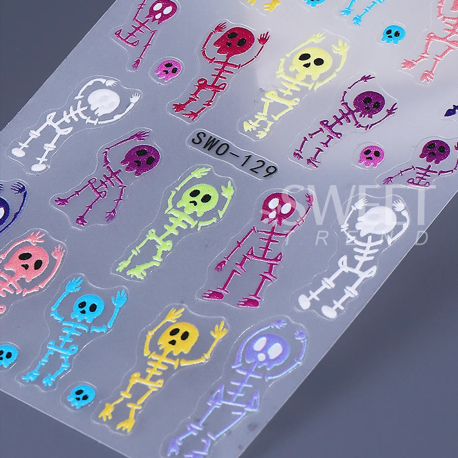 2pcs Skeleton Halloween Nail Stickers Cartoon Skull Heads Textured