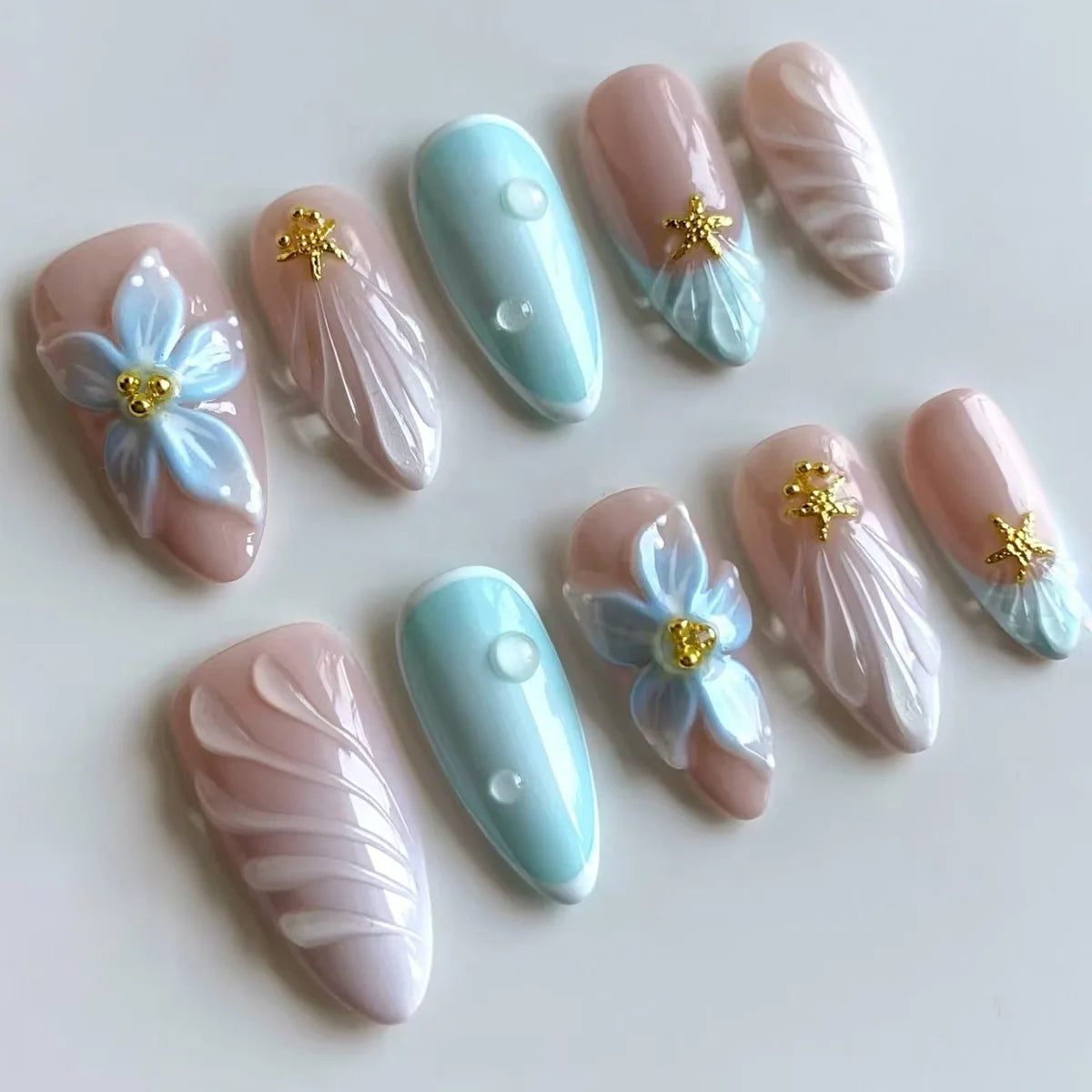 3D Flower French Tip Pink Almond Press On Nails – Handmade Pearl Bead Set | sNails Nails