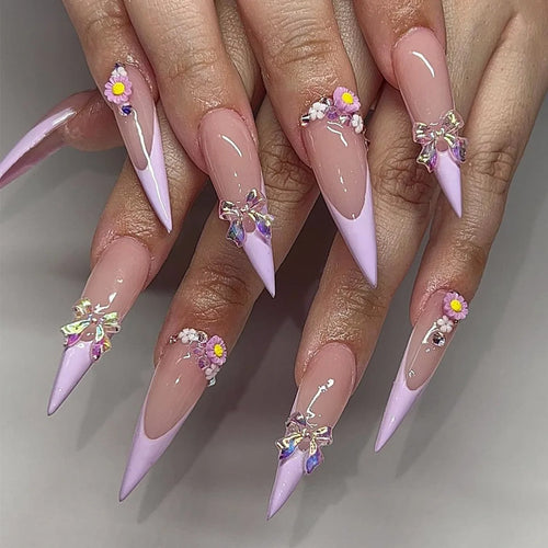 24Pcs Black Y2k Fake Nails with Diamond Halloween Long Almond False