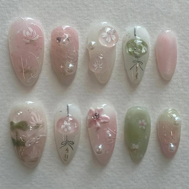 3D Flower French Tip Pink Almond Press On Nails – Handmade Pearl Bead Set | sNails Nails