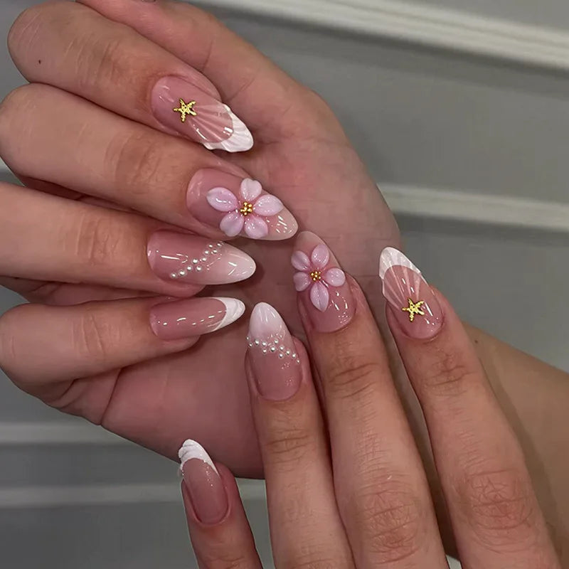 3D Flower French Tip Pink Almond Press On Nails – Handmade Pearl Bead Set | sNails Nails