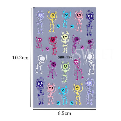 2pcs Skeleton Halloween Nail Stickers Cartoon Skull Heads Textured