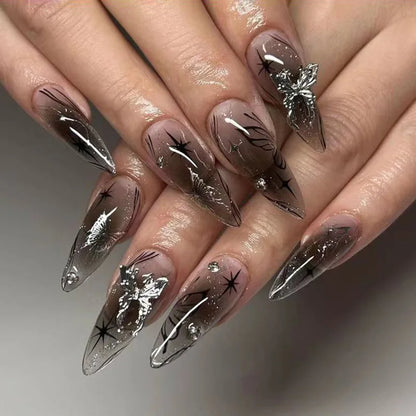 24Pcs Black Y2k Fake Nails with Diamond Halloween Long Almond False