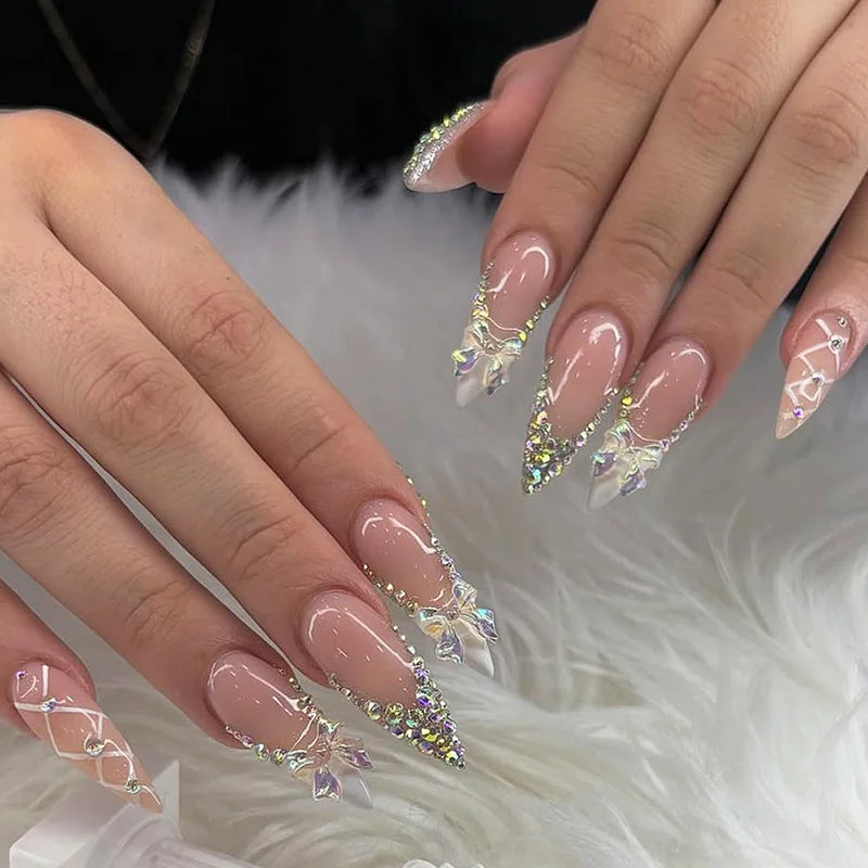 3D Flower French Tip Pink Almond Press On Nails – Handmade Pearl Bead Set | sNails Nails