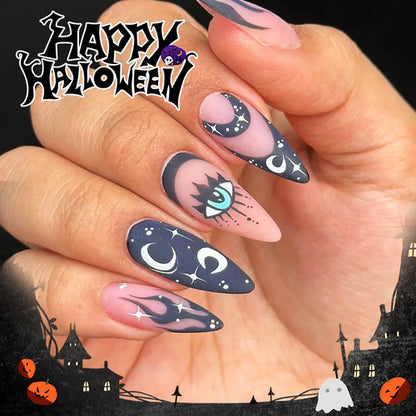 24Pcs Horror Comic Tomie Press on Nails Almond Glossy Black Japanese