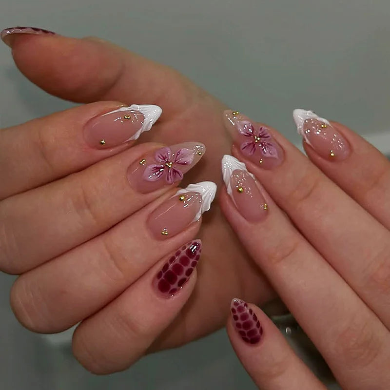 3D Flower French Tip Pink Almond Press On Nails – Handmade Pearl Bead Set | sNails Nails