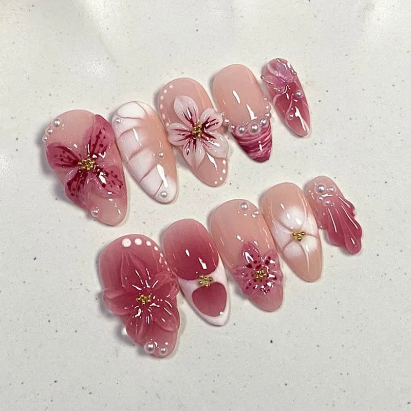 3D Flower French Tip Pink Almond Press On Nails – Handmade Pearl Bead Set | sNails Nails