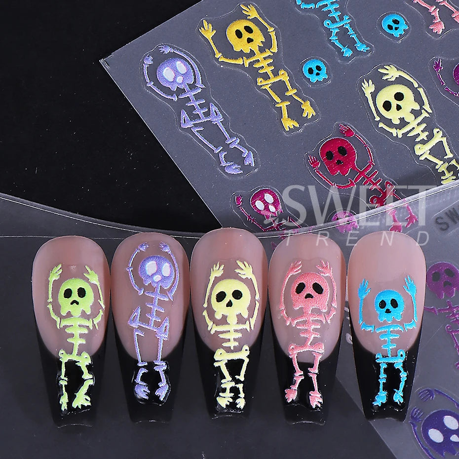 2pcs Skeleton Halloween Nail Stickers Cartoon Skull Heads Textured