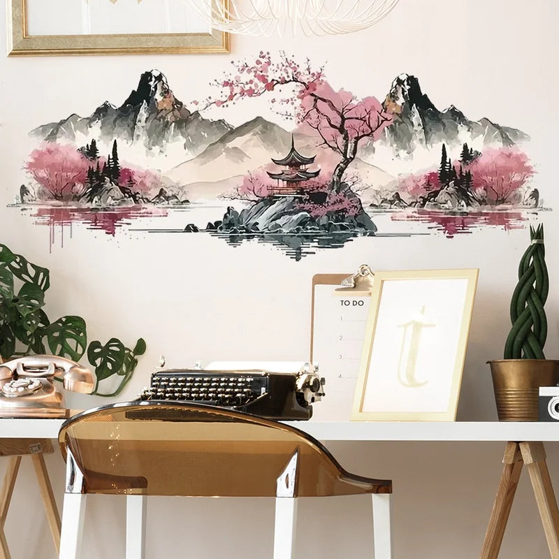 Chinese Landscape Wall Decals Ink Landscape Painting Pattern Wall
