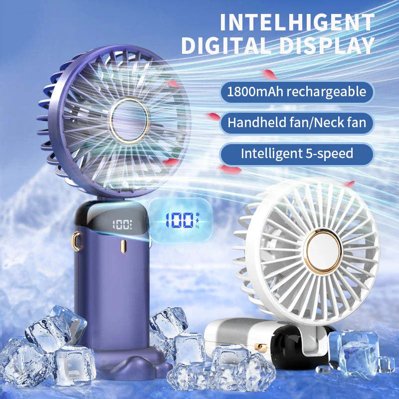 Portable Handheld Mini Foldable Fan USB Rechargeable Fan with Phone Stand and Display Screen 1800mAh