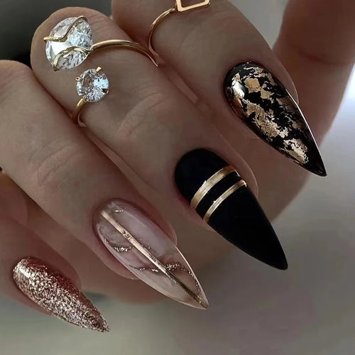 24Pcs Black Y2k Fake Nails with Diamond Halloween Long Almond False