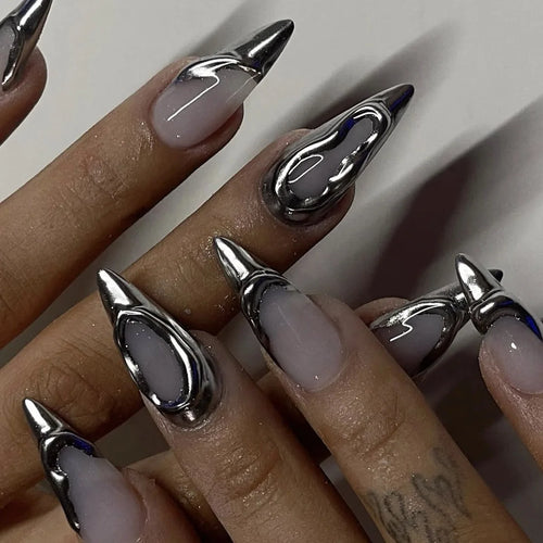 24Pcs Black Y2k Fake Nails with Diamond Halloween Long Almond False