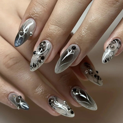 24Pcs Black Y2k Fake Nails with Diamond Halloween Long Almond False