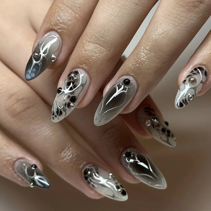 24Pcs Black Y2k Fake Nails with Diamond Halloween Long Almond False
