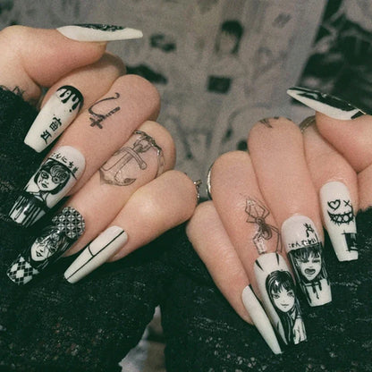 24Pcs Horror Comic Tomie Press on Nails Almond Glossy Black Japanese