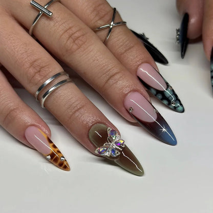 24Pcs Black Y2k Fake Nails with Diamond Halloween Long Almond False