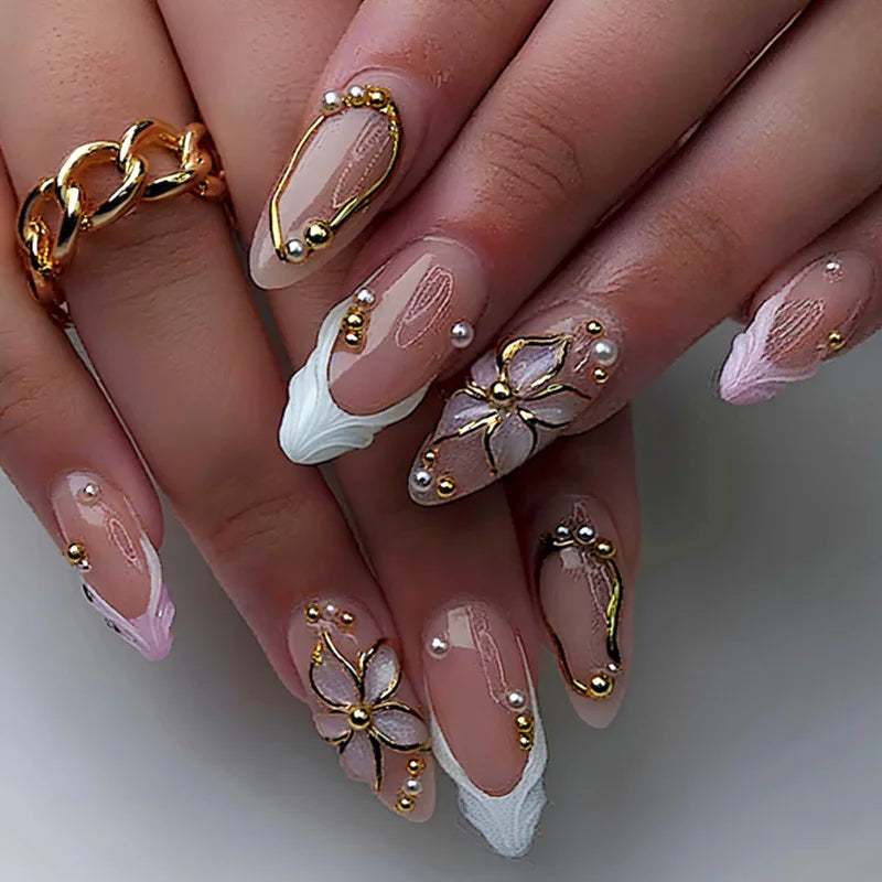 3D Flower French Tip Pink Almond Press On Nails – Handmade Pearl Bead Set | sNails Nails