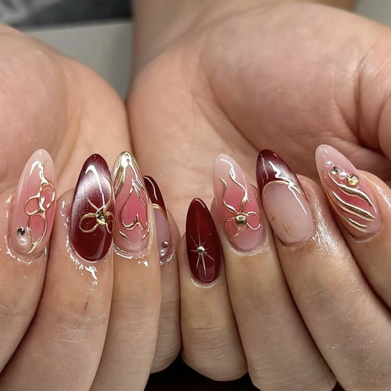 3D Flower French Tip Pink Almond Press On Nails – Handmade Pearl Bead Set | sNails Nails