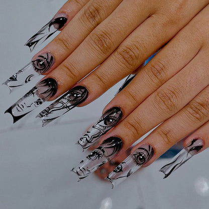 24Pcs Horror Comic Tomie Press on Nails Almond Glossy Black Japanese