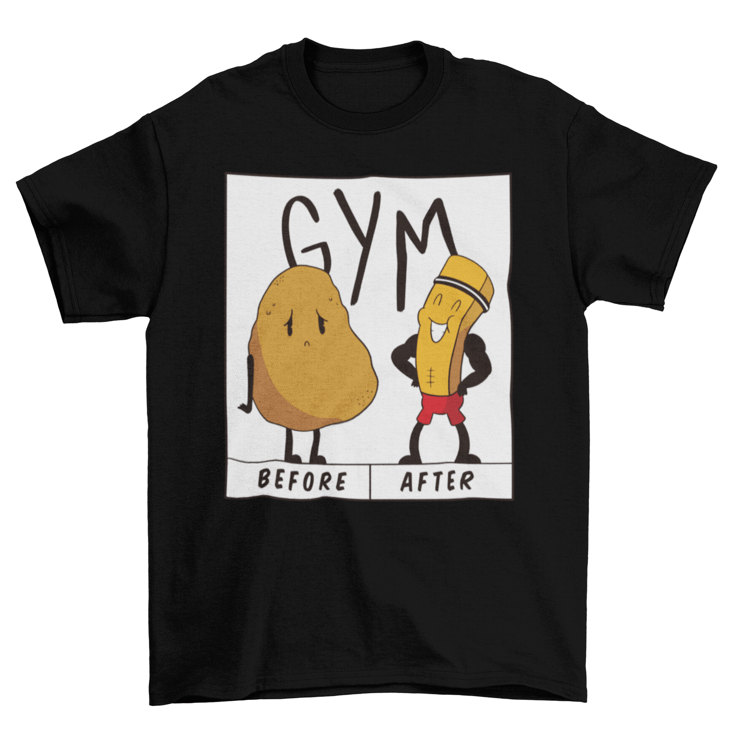 Potato gym t-shirt featuring a funny illustration of a potato before and after going to the gym.