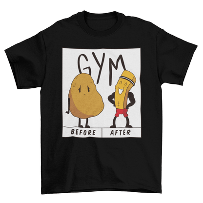 Potato gym t-shirt featuring a funny illustration of a potato before and after going to the gym.