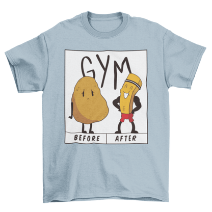 Potato gym t-shirt featuring a funny potato illustration before and after going to the gym.