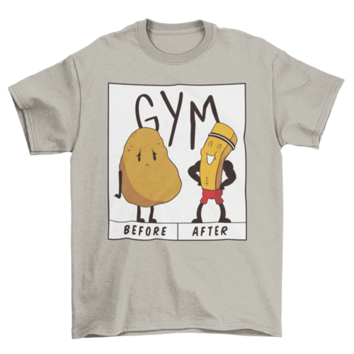 Funny Potato gym t-shirt design featuring a potato before and after going to the gym illustration.