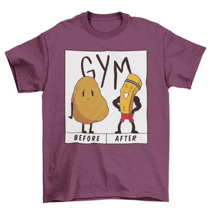 Potato gym t-shirt featuring a funny illustration of a potato before and after going to the gym.