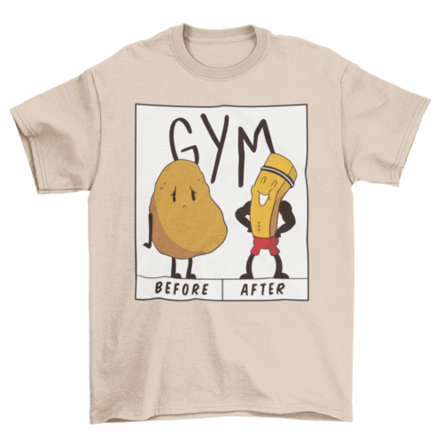 Potato gym t-shirt featuring a funny before and after illustration of a potato and a gym-ready character.