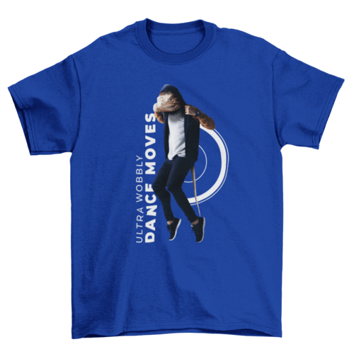 Lizard animal man dancing quote "Ultra wobbly dance moves" hobby on a blue T-shirt showcasing fun dance vibes.