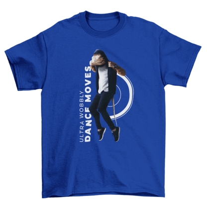 Lizard animal man dancing quote "Ultra wobbly dance moves" hobby on a blue T-shirt showcasing fun dance vibes.