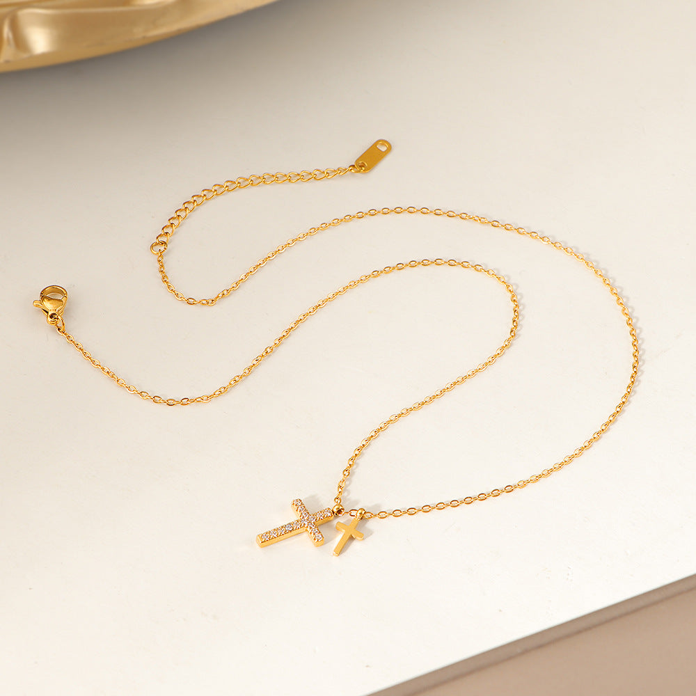 Titanium Steel Diamond-studded Cross Necklace