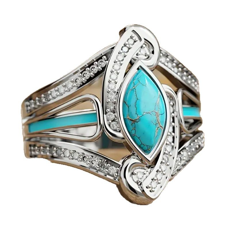 Fashionable Vintage Diamond-Encrusted Turquoise Ring For Women